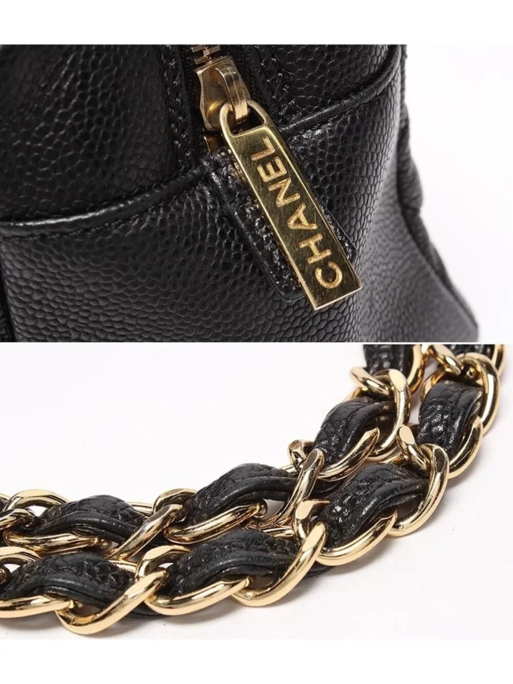 Chanel Chain Shoulder Bag Gold Quilted Caviar Leather Petit Timeless